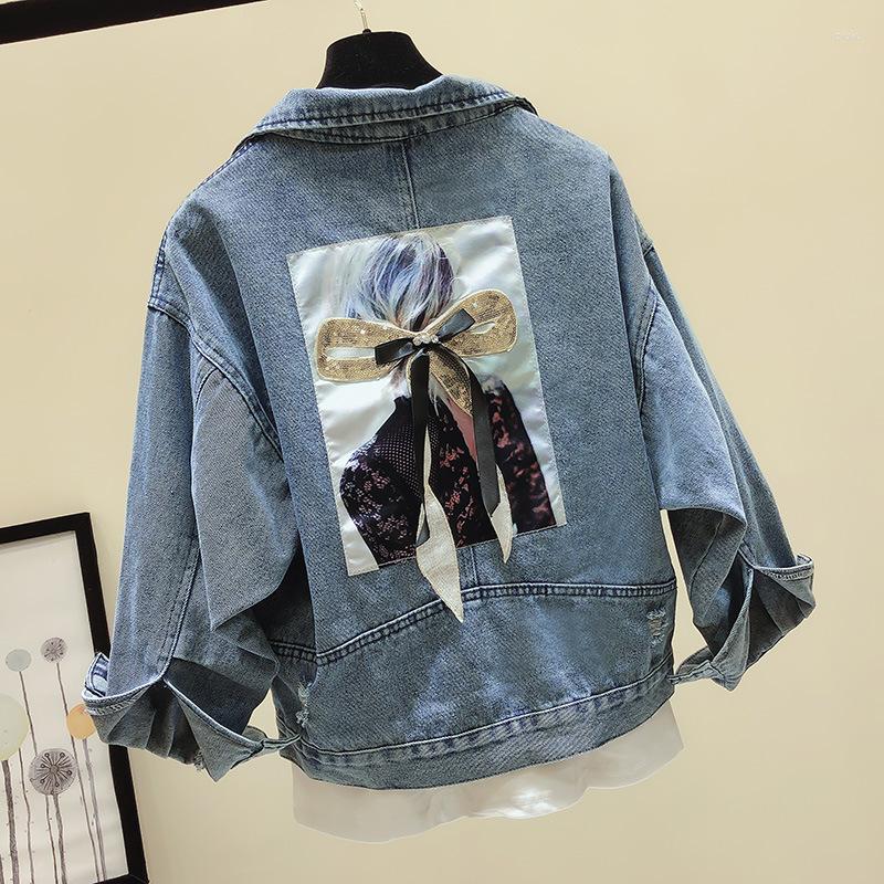 

Women' Jackets Vintage Jean Denim Jacket Women Oversized Coat 2023 Spring Casual Head Portrait Printi Bow Single Breasted Outwear Tops, Blue