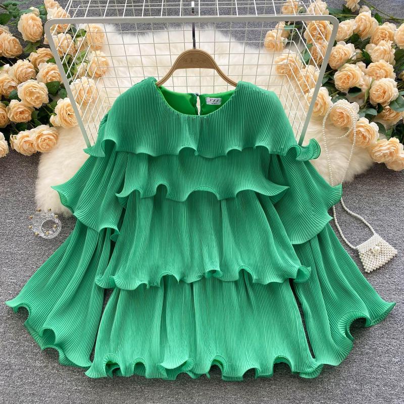 

Women's Blouses 2023 Spring Autumn Women Long Sleeve Loose Shirt Korean Fashion Chic Sweet Cascading Ruffes Pleated Chiffon, Green