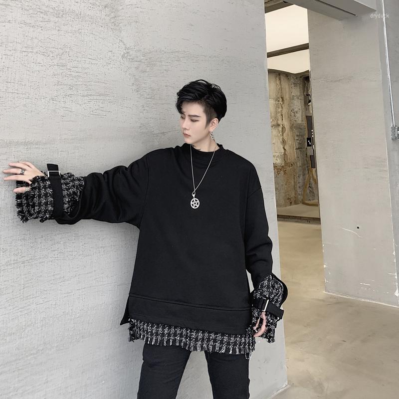 

Men's Hoodies Male Streetwear Hip Hop Long Sleeve Hoodie Outerwear Men Autumn Winter Splice Plaid Loose Casual Black Pullover Sweatshirt, Kk1254