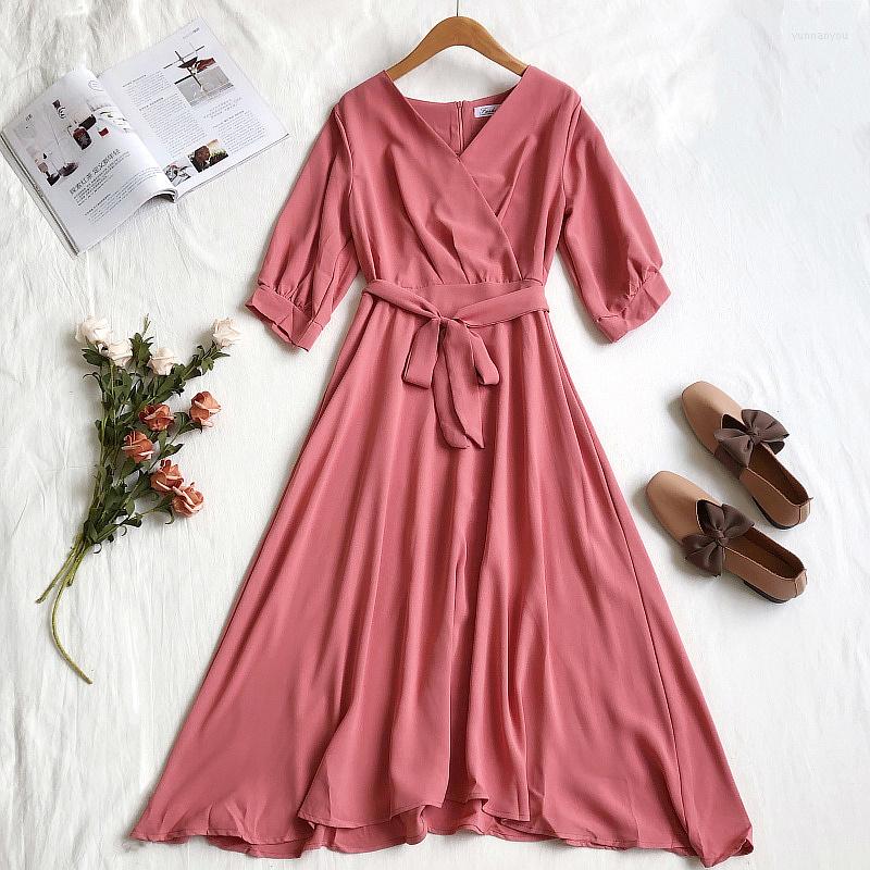 

Party Dresses 2023 Women Summer V-Neck Half Lantern Sleeve Lace Up Bandage Strap Bow Dress Lady Elastic Slim Waist Pullover Midi, Women fashion dress