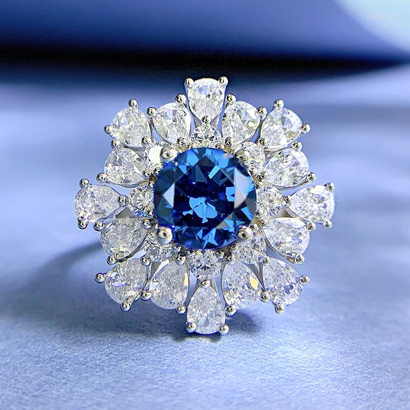 

Cluster Rings Fashion 925 Silver Sapphire 8mm Round Ring Female Luxury Micro Inlay