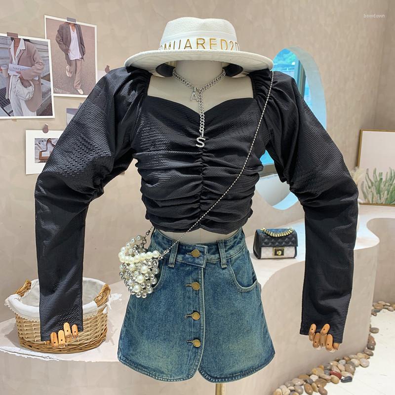 

Women's Blouses In Women's Clothing 2023 Spring Square-neck Pleated Long-sleeved Bottom Blouse Slim Temperament Shirt Top Blusas, Black