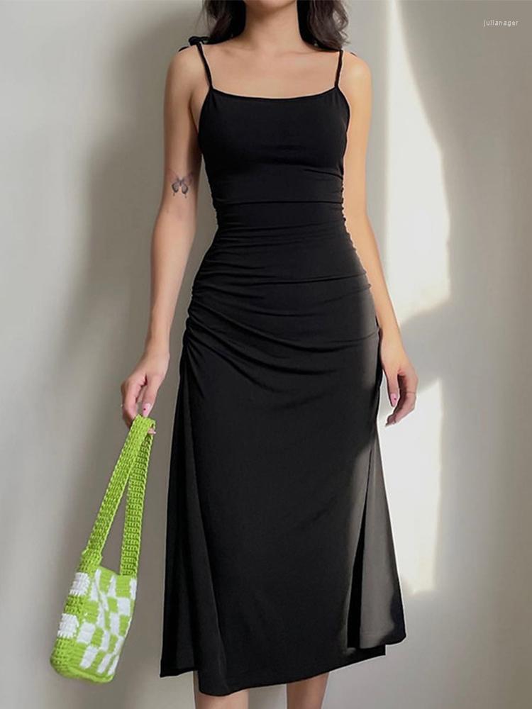 

Casual Dresses Fashion Strappy Ruched Sexy Black Dress Irregular Elegant Backless Long Party Summer Women 2023 Clothes
