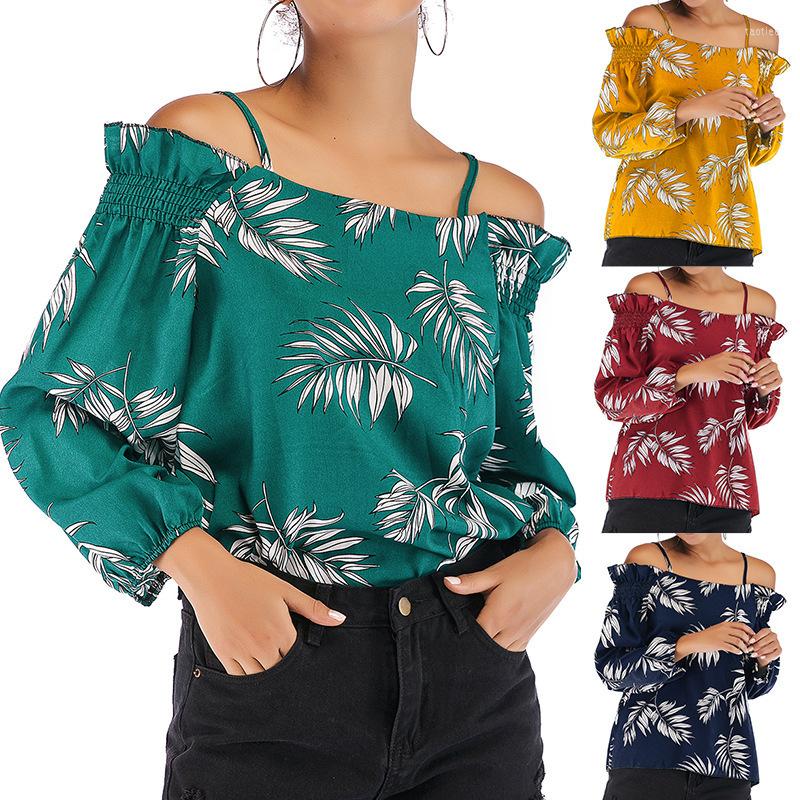 

Women's Blouses 2023 Summer Women Long Sleeve Print Shirts Slash Neck Casual Blouse Off Shoulder Tops Women's Chiffon, Green