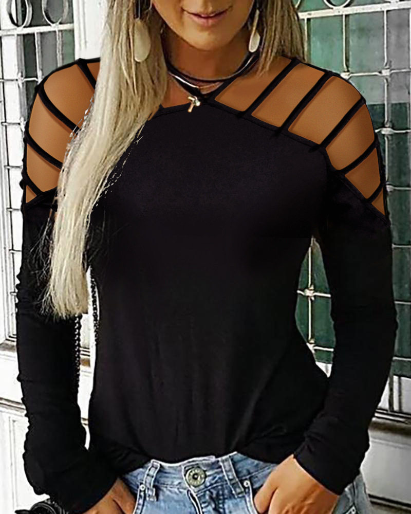 

Women' Blouses Shirts Women Rivet Sequins Cold Shoulder Fashion Ladies Long Sleeve Hollow Out Blouse Female Solid Pullovers Top Plus Size 5XL 230217, Hollow black