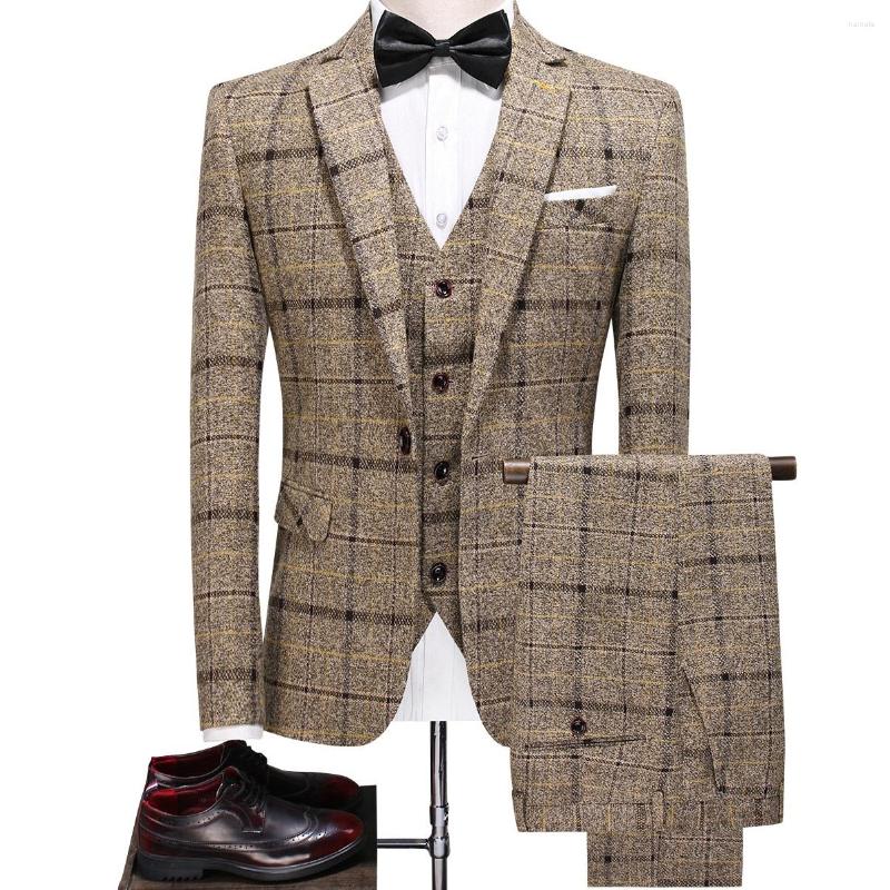 

Men's Suits 2023 Men's Suit Fashion Gentleman Plaid Leisure Jacket Sets England Simple Groom 3-piece Pants Vest, Black