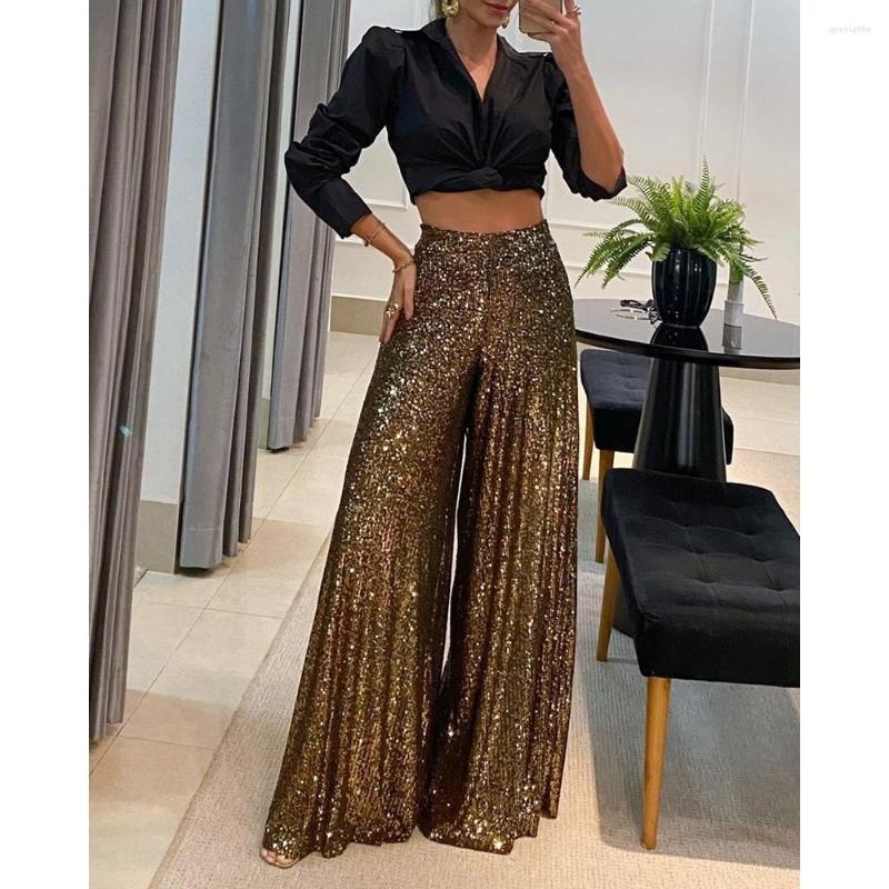 

Women' Pants Spring Women High Waist Sequin Flared 2023 Sexy Femme Wide Leg Pocket Trousers Lady Club Evening Clothing, Dark brown