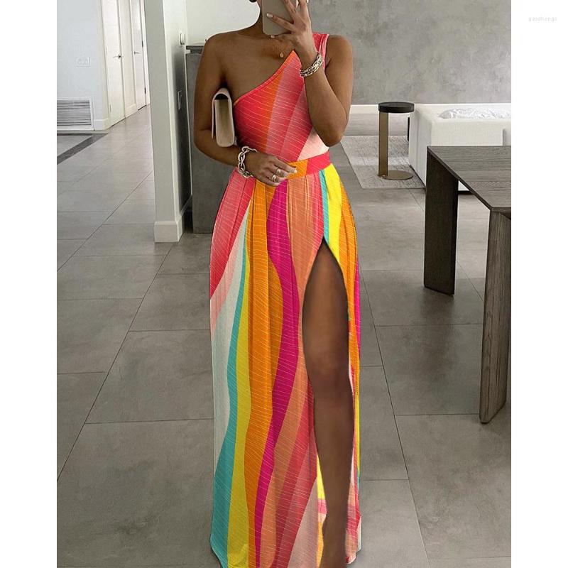 

Casual Dresses 2023 Summer Women Colorblock One Shoulder High Slit Maxi Dress Fashion Femme Sleeveless Outfits Party Birthday, Pink