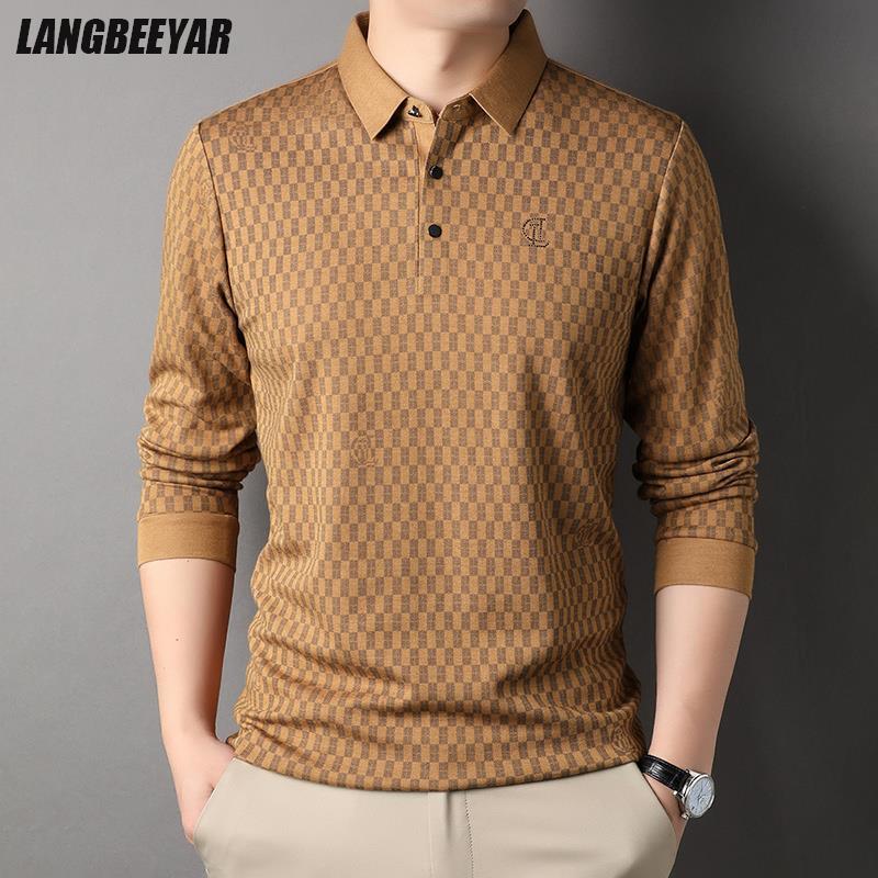 

Men's Polos Top Grade Wool 4.7% Traceless Fashion Brand Luxury Mens Designer Polo Shirt Simple Casual Long Sleeve Tops Men Clothing 230217, Coffee