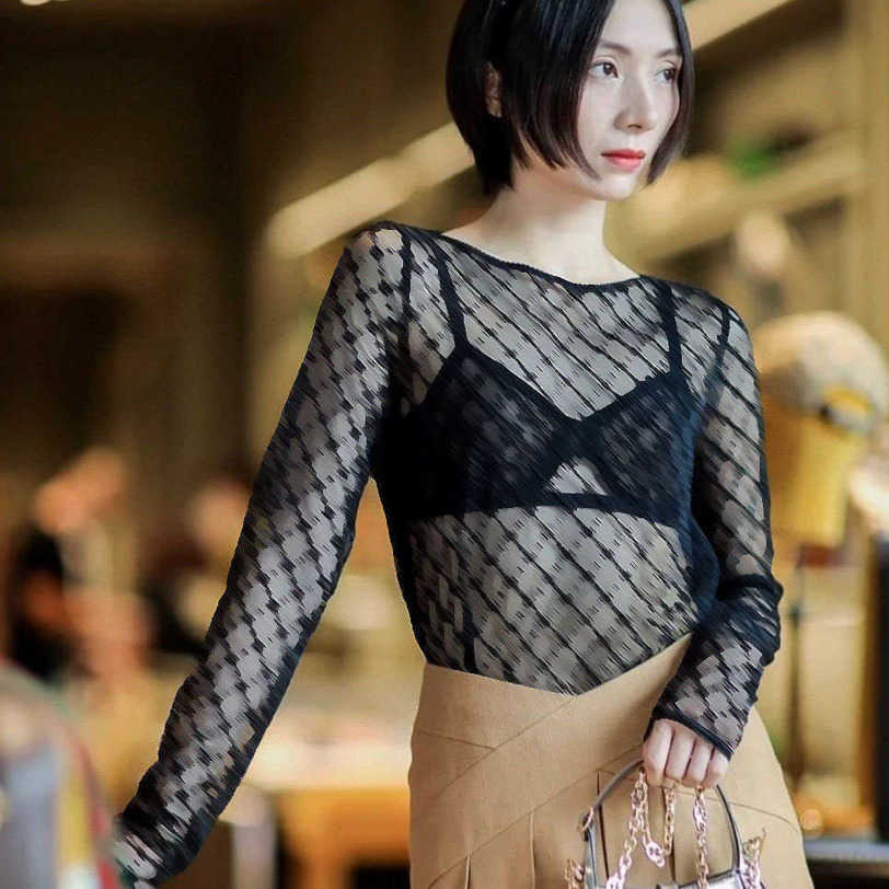 

23ss Women' Brand letter-printed Hollow out long-sleeved lace bottom shirtmesh half-high collar embroidery long-sleeved T-shirt top a1, Black