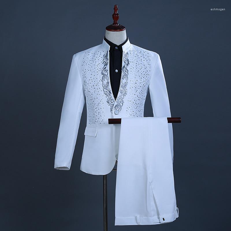 

Men's Suits Stand Collar Diamond Jacket Pants Set Mens Party Wedding Prom 2 Piece Suit Male Blazer Singer DJ Club Dress Tuxedo, White