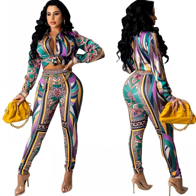 

Women's Two Piece Pants Set Casual 2023 Spring Print Woman Full Shirt Top Pant Matching Outfits Lady Office African Clothing, Blue