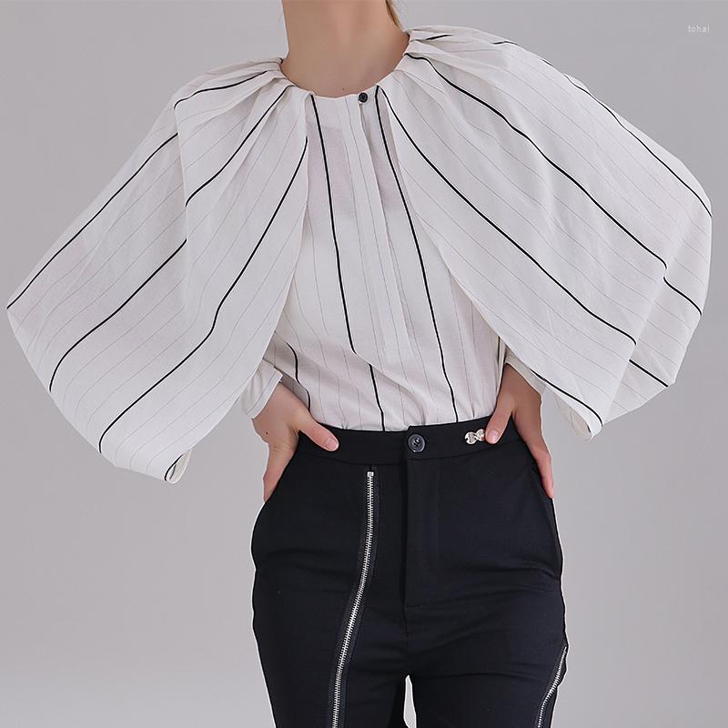 

Women' Blouses Women' Shirt 2023 Crew-Neck Striped Design Three-Dimensional Lantern Sleeve Tailored Long-Sleeved, White