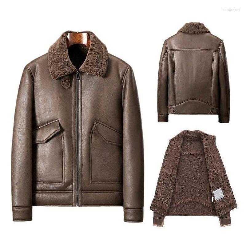 

Men's Fur Men Leather Jacket Fashion Warm Velvet Collar Outwear Streetwear Big Pocket Lamb Wool Faux Coat, Black