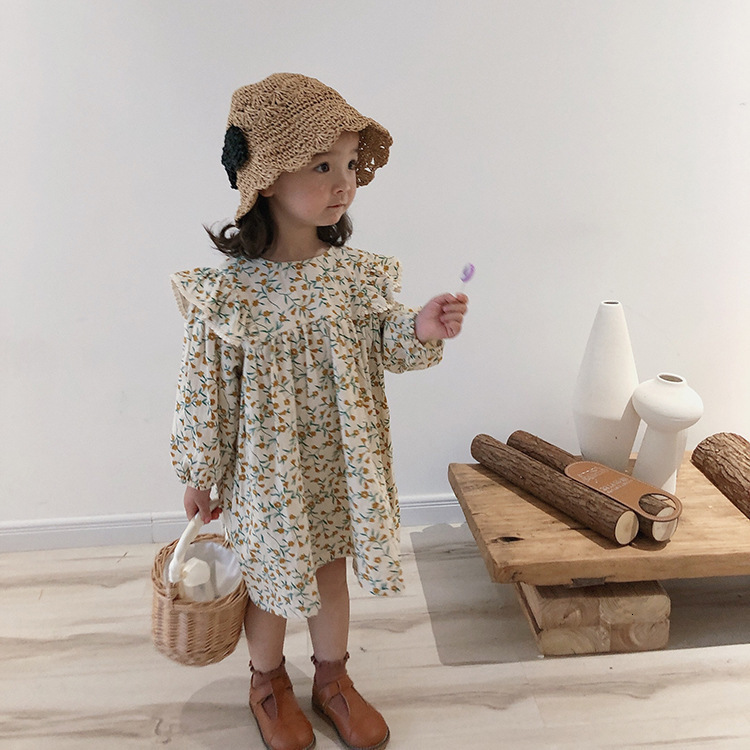 

Girls Dresses Spring cute girls floral long sleeve princess dress cotton linen loose doll dresses 230217, Yellow floral