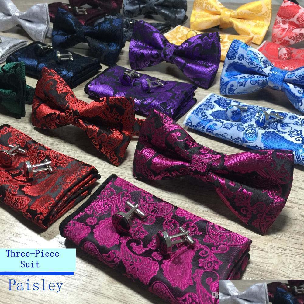 

Bow Ties New Design Self Tie And Hanky Cufflinks Set Silk Jacquard Woven Men Butterfly Bowtie Pocket Square Handkerchief Suit Weddin Dhv5R