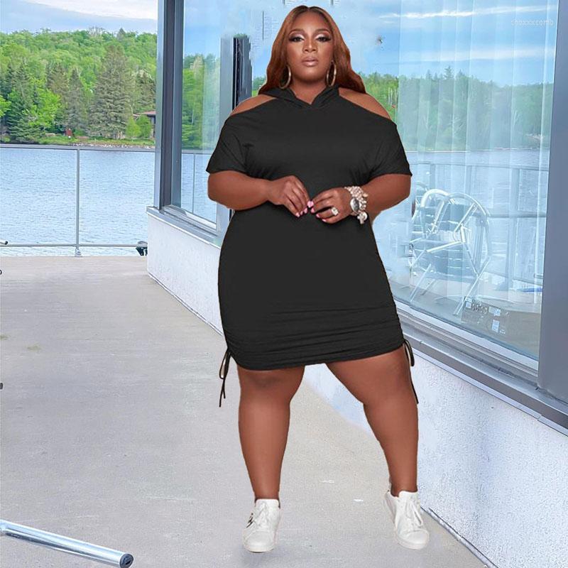 

Plus Size Dresses Women Summer 2023 Wholesale Ladies Off Shoulder Hoodie Dress Short Sleeve Sport Casual Drop, Black