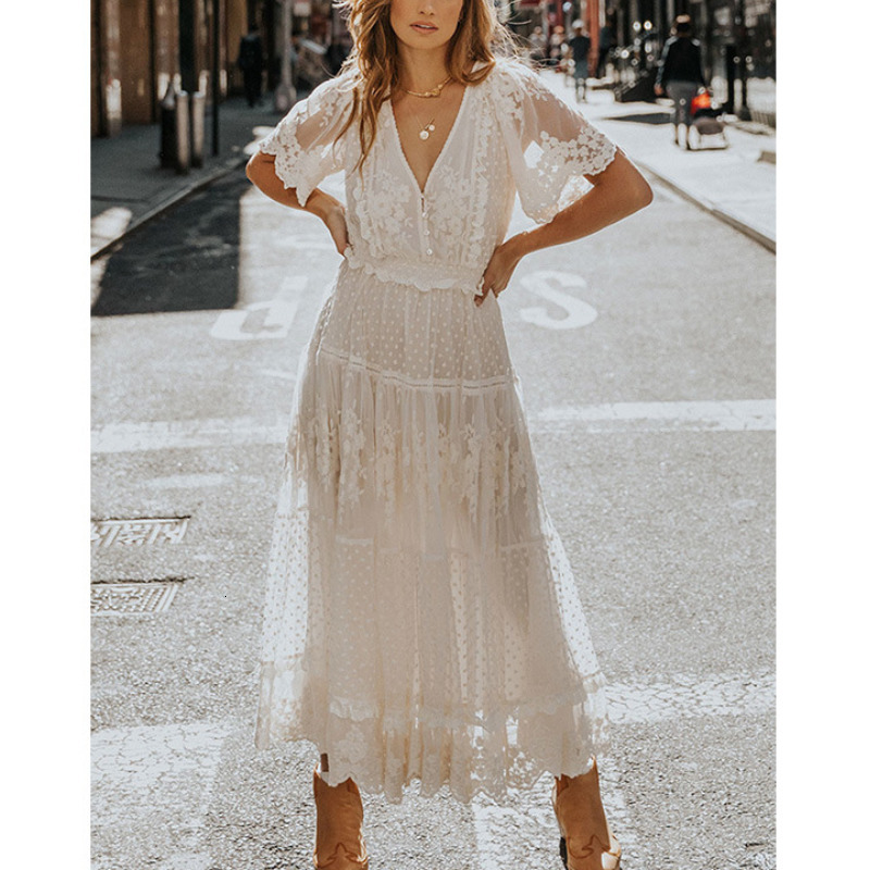 

Casual Dresses Happie Queens Women Solid Short Sleeve Beach Sexy Lace Bohemian Maxi Dress Ladies V-neck Boho Sundress Vestidos 230217, White