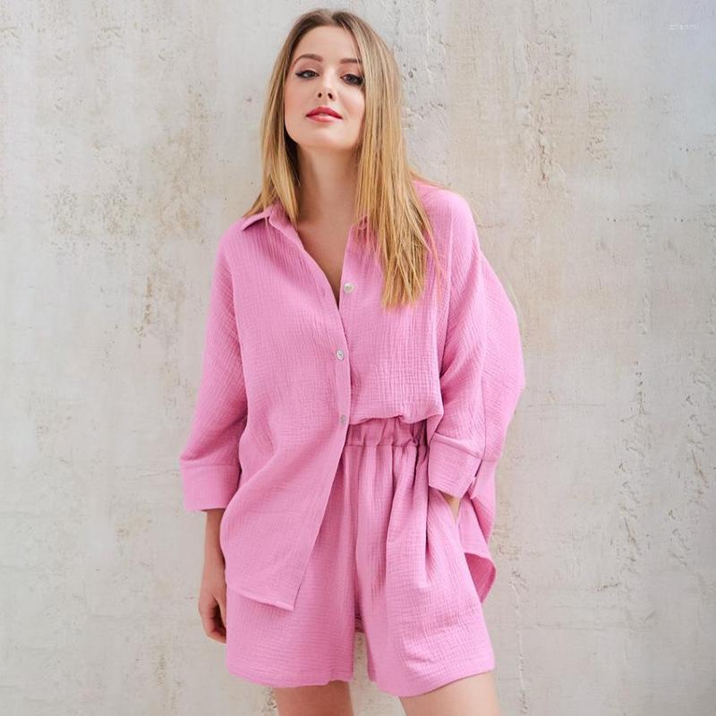 

Women's Sleepwear Cotton Women Sleep Set Casual Loungewear Lady 2PCS Pajamas Suit Nightwear Lapel Pyjamas Intimate Lingerie Loose Home Wear, Pink