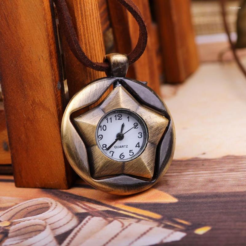 

Pocket Watches XQ135 Quartz Women Brown Vintage Pendant Open Face Leather Watch Chain Star Design Love Gifts, Picture shown