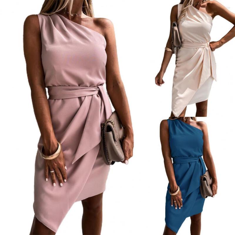 

Casual Dresses Women Knee-length Dress Sleeveless Bodycon One Shoulder Solid Color Belt Streetwear For Spring/Summer, Black