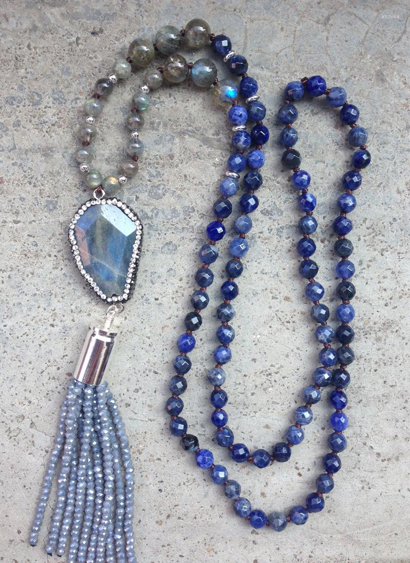 

Pendant Necklaces YA2261 Labradorite Pave Crystal Beads Tassel Sodalite Knot Handmade Necklace 30inch Long