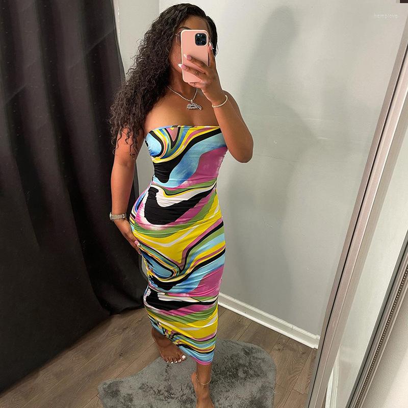 

Casual Dresses Sexy Abstract Printed Off-the-Shoulder Skinny Maxi Dress Summer Party Streetwear Women' Strapless Bodycon 2023, Multi