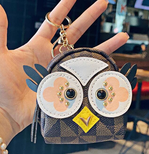 

6style Creativity Owl Coin Purse Keychain Pendant Charm Keyring Holder Fashion PU Leather Flower Grid Designer Metal Key Chain