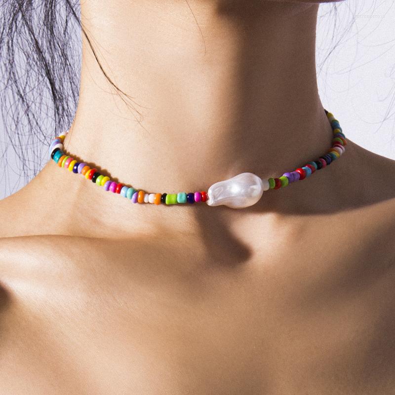 

Choker Bohemia Candy Color Small Beads Chains Short Necklaces For Women Ethnic Simulated Pearl Charms Clavicle Chokers