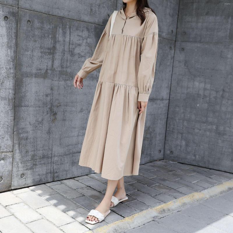 

Casual Dresses Loose Cotton And Linen Short Sleeves Korean Style Hooded Dress Vest Lazy Long Dre, Color as picture