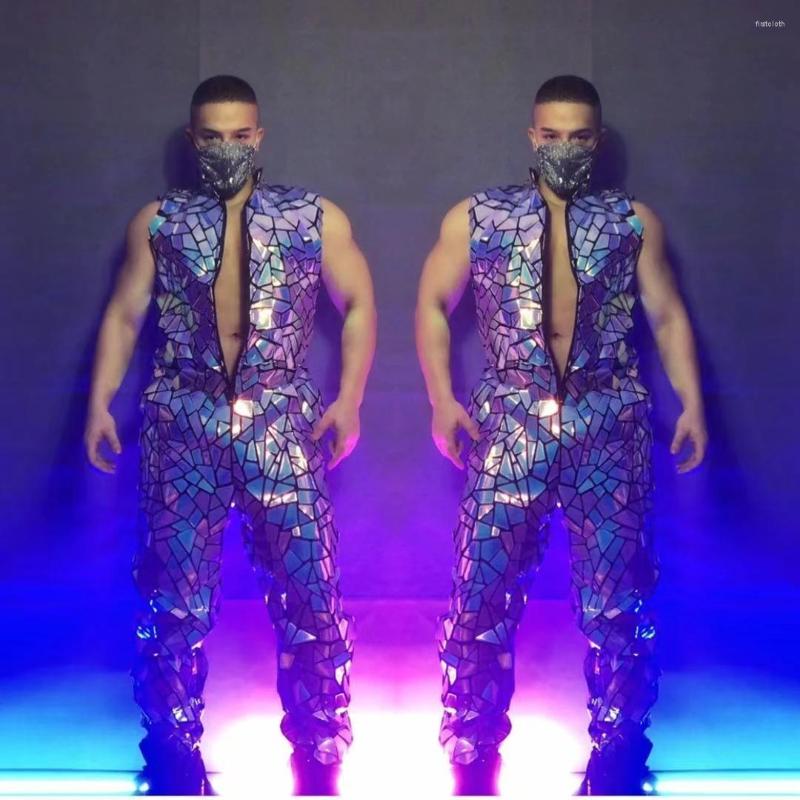 

Stage Wear Mirror Men Hip Hop Dance Costume Singer Performance Glitter Laser Sequins Sleeveless Jumpsuit Bar Nightclub, Picture shown