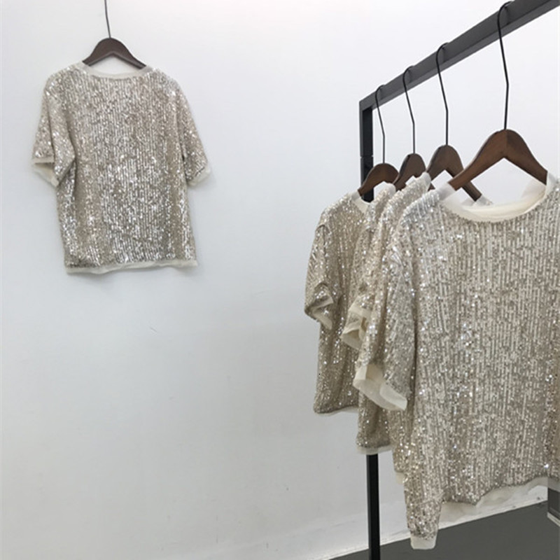 

Women s T Shirt Beige Sequined Short Sleeve O Neck Chiffon splicing sequins Casual T shirt Women Female Summer B403 230217, Black