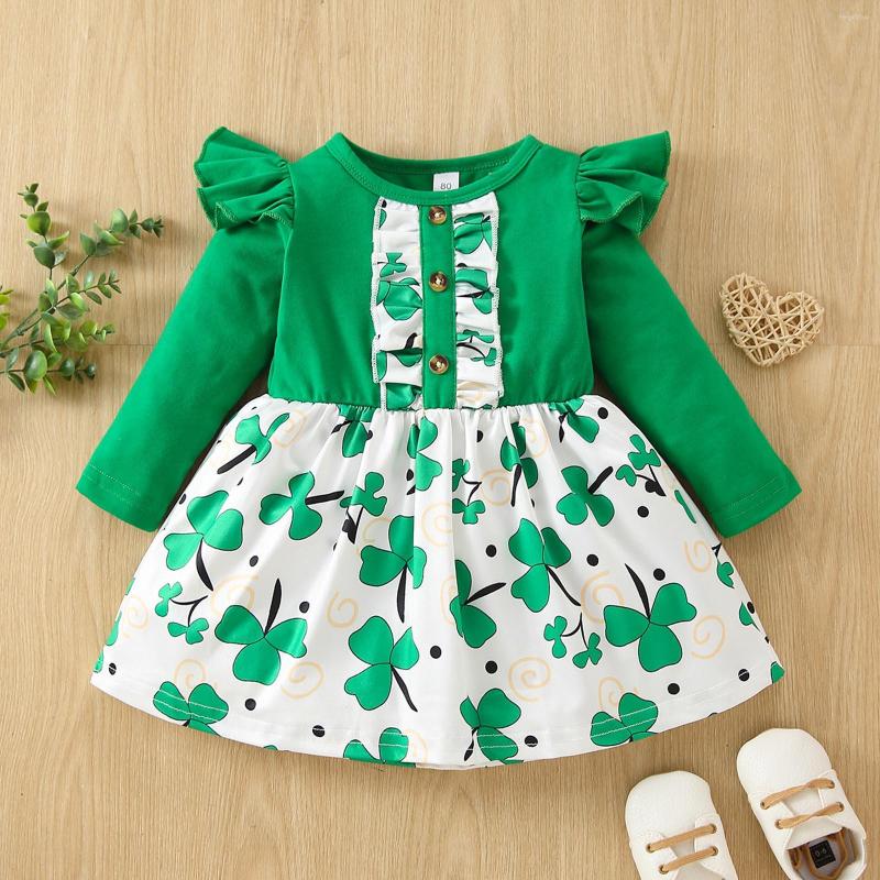 

Girl Dresses St Patrick Day Baby Dress Spring Ruffle Long Sleeve Outfits Fashion Clover Print Toddler Clothes Kid's 6M-5Y, Green