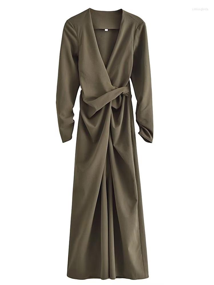 

Casual Dresses YENKYE Fashion Women Sexy V Neck Ruched Long Dress Vintage Solid Elegant Female Autumn Winter, As picture