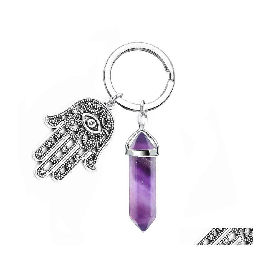 

Key Rings Natural Stone Crystal Ring Handbag Dangle Holder Hexagonal Column Palm Amet Real Agates Tiger Eye Opal Pink Quartz Chain D Dhd8V
