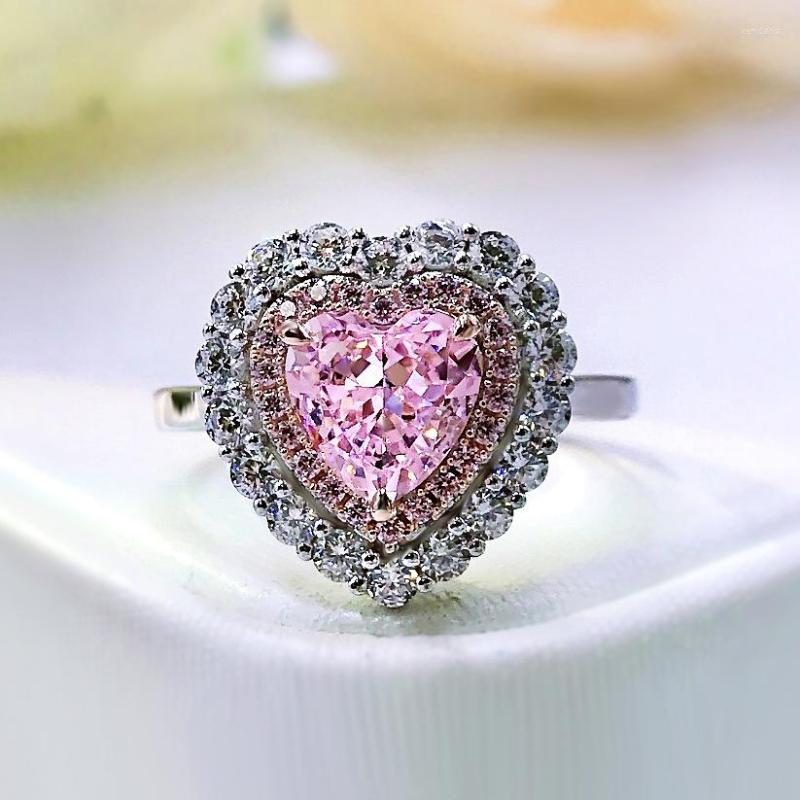 

Cluster Rings Solid 925 Sterling Silver 7 7MM Pink Heart High Carbon Diamond Wedding For Women Sparkling Party Fine Jewelry