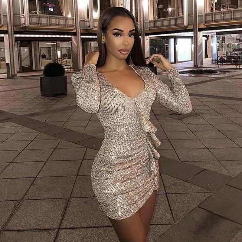 

Casual Dresses Ruffles Sequined Mini Party Dress Women Summer 2023 Bodycon Sexy V Neck Long Sleeve Nightclub Vestidos Femme Robe D8765, Gold