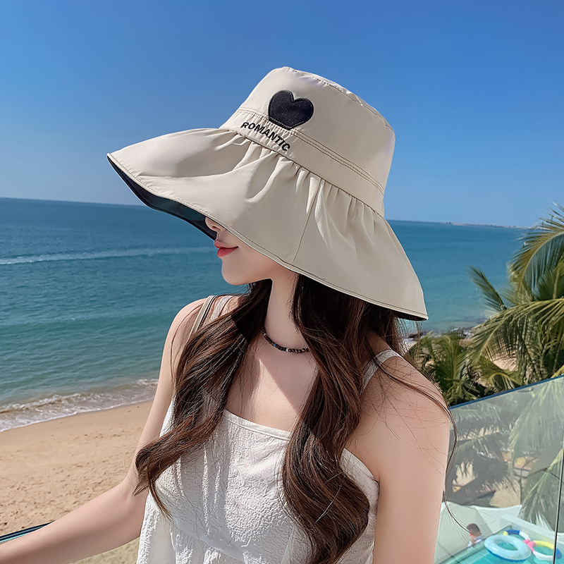

Wide Brim Hats Bucket Hat Flat Top Black Rubber Sunscreen Fisherman Cap Women New Summer Versatile Sunshade Caps Love Letter Embroidered Sun Hat Fashion Accessories, 01