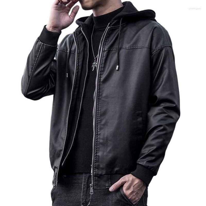 

Men's Fur Men Leather Jackets PU Hooded Jacket Fake Two Zipper Coats M-3XL, Black