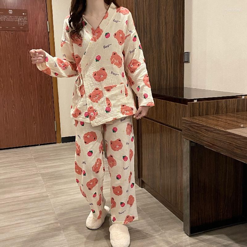 

Women's Sleepwear 2PCS Japanese Style Cotton Clothing Set Floral Printed Kimono Yukata Steaming Wear Pajamas Woman Bathrobe Nightgown Japan