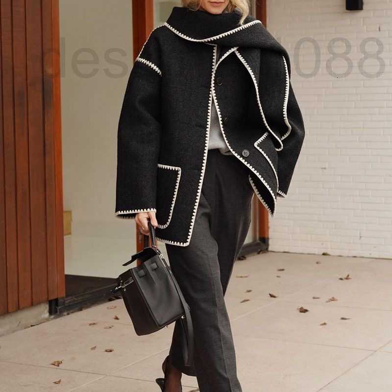 

designer 21FW TOTEME Single-breasted Tassel Scarf Wool Coat Jackets, Black