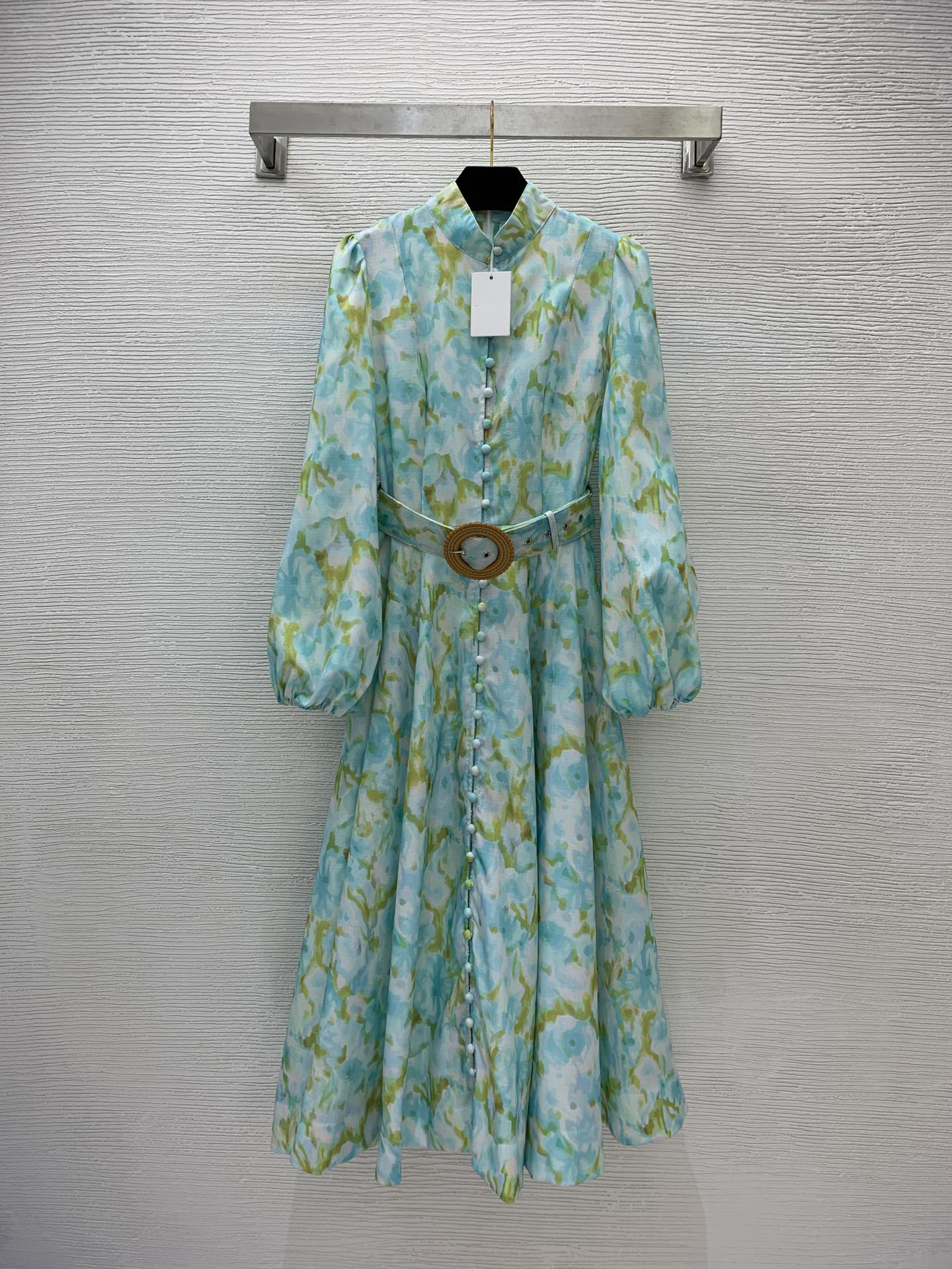 2023 Spring Green Contrast Color Waist Belted Dress Long Sleeve Stand Collar Buttons Single-Breasted Casual Dresses Brand Same Style Designer ZW2O21
