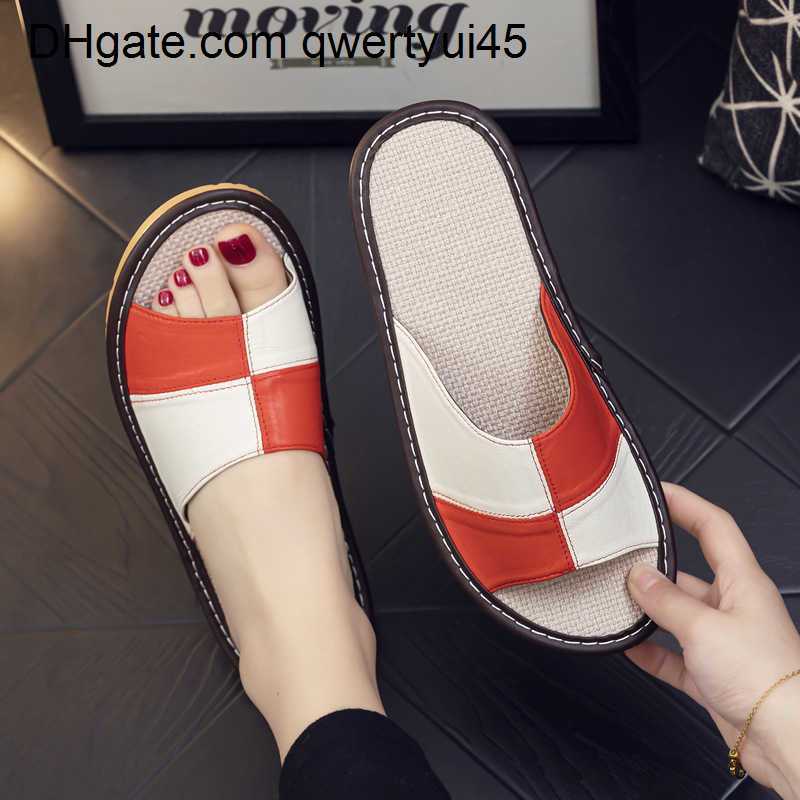 

qwertyui45 Slippers Slippers Light Luxury Genuine Leather Sheepskin Women's Slippers PVC Rubber Sole Non-Slip Summer Shoes Comfortable Soft Couple Sandals 021723H, Red brown