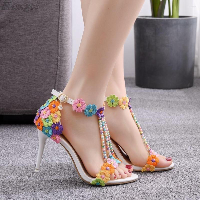 

Sandals 9 Cm Fashion Women's High-heeled Bridesmaid Wedding One Word Buckle With Ethnic Style Colorful Lace Roman Women, As photo