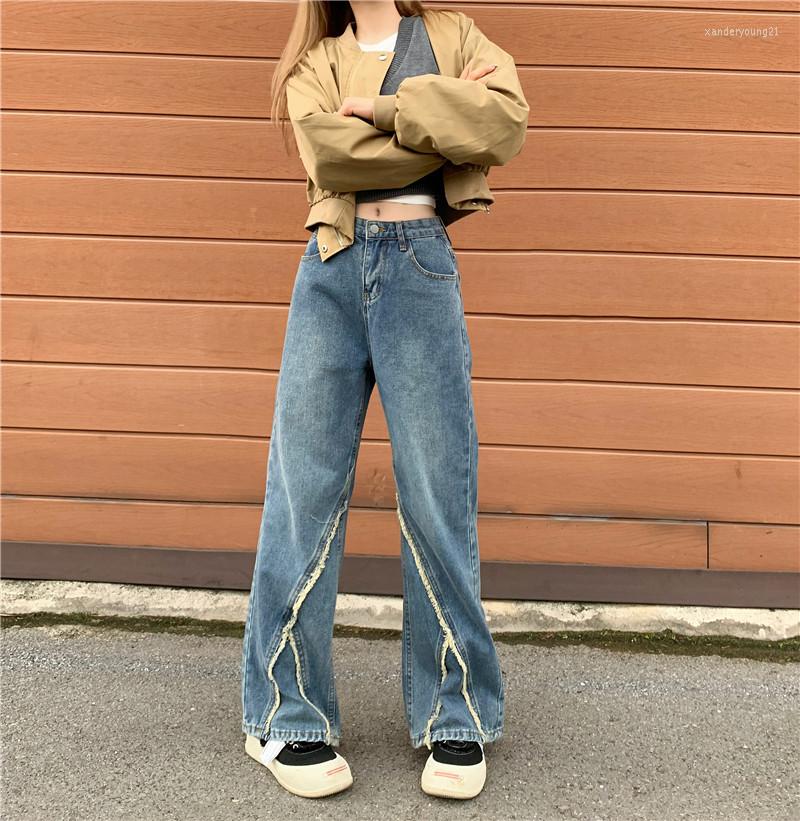 

Women' Jeans 2023 Women Loose Korean Vintage Wide Leg Pants Y2K Clothes Fur Patchwork Denim Trousers Spring Female 5038, Blue