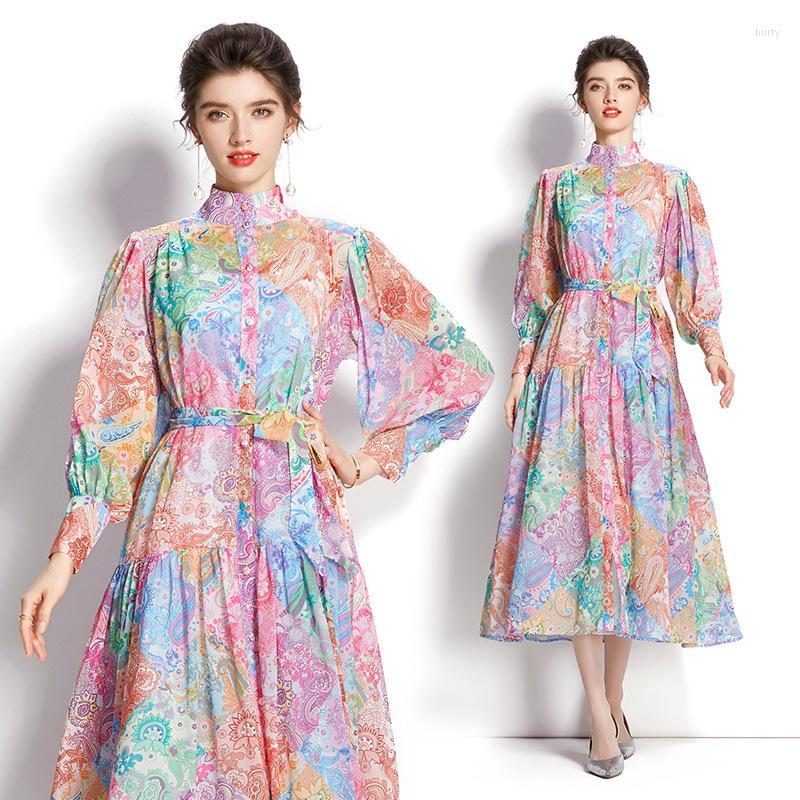 

Ethnic Clothing Fashion Dress For Women S Women's Vacation Style Vintage Printed Stand Collar Long Sleeve Slim-fit