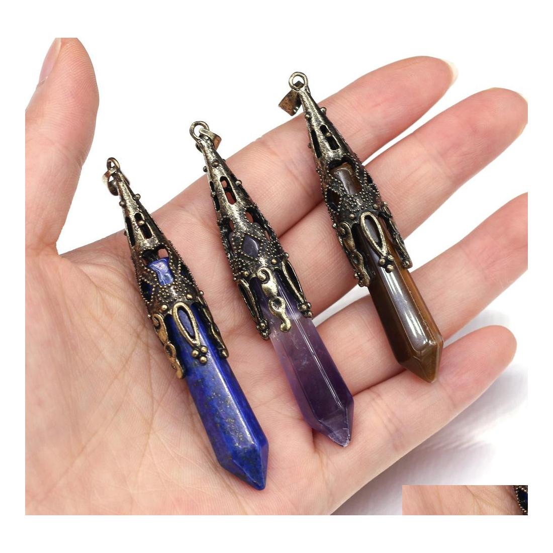 

Charms Retro Faceted Cone Healing Stone Tiger Eye Rose Quartz Amethyst Crystal Pendum Pendant Diy Necklace Women Fashion Jewe Sport1 Dhhds