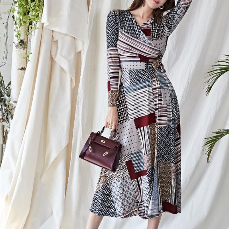 

Casual Dresses Autumn And Winter V-neck High Waist Long Dress Women Print A-line Sleeve Kimono Elegant Clothes TA6222, No1
