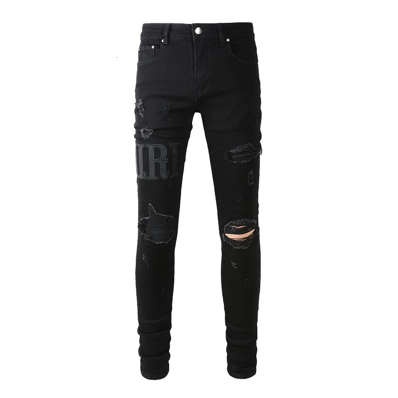 

Men's Jeans Black Distressed Streetwear Fashion Slim Embroidered Letters Pattern Patchwork Damaged Skinny Stretch Ripped 230216, Blue