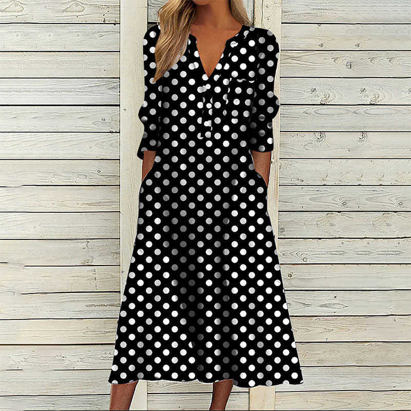 

Casual Dresses Elegant Chic VNeck Office Lady Pockets Dresses For Women 2023 Women's Long Sleeve Buttons Pullovers Loose Dot Female Dress Z0216, R179-1